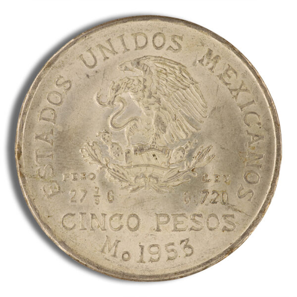 1951-1954 Mexico 5 Pesos Hidalgo Silver Coin (Avg Circ) - Image 2
