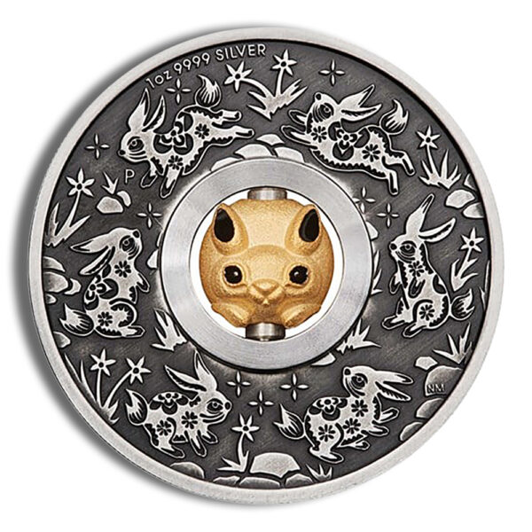 2023 1 oz Silver Year of the Rabbit Rotating Charm - Antiqued - Image 2