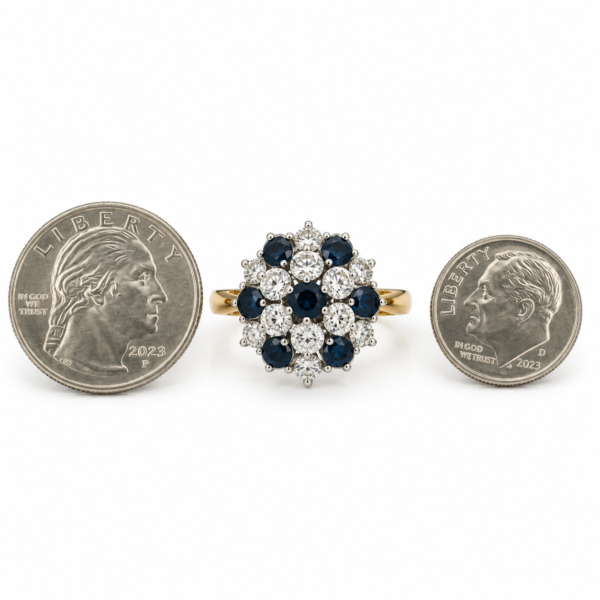 Estate 14K Gold Blue Sapphire Diamond Cluster Ring Designer Size 6 Vintage - Image 6
