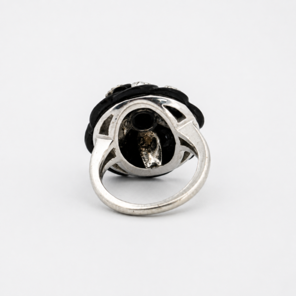 Vintage 14K White Gold Black Onyx Diamond Flower Ring Estate Size 4.75 - Image 4