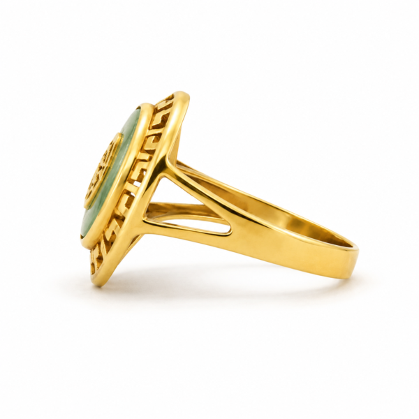 14K Yellow Gold Natural Green Jade Greek Key Ring Estate Size 7 Vintage - Image 2