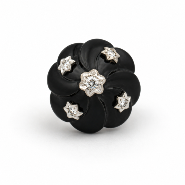 Vintage 14K White Gold Black Onyx Diamond Flower Ring Estate Size 4.75