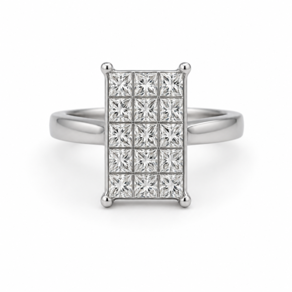 Estate 14K White Gold Princess Cut Diamond Cluster Ring Designer Size 6.5