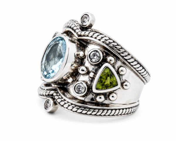 Estate Designer 925 Sterling Silver Blue Topaz Peridot Ring Size 7 Boho - Image 2
