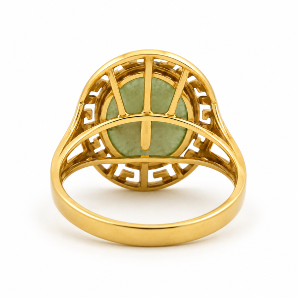 14K Yellow Gold Natural Green Jade Greek Key Ring Estate Size 7 Vintage - Image 3