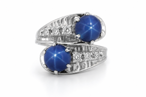 Estate 14K White Gold Blue Star Sapphire Diamond Bypass Ring Size 5 Elegant