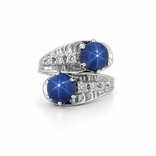 Estate 14K White Gold Blue Star Sapphire Diamond Bypass Ring Size 5 Elegant