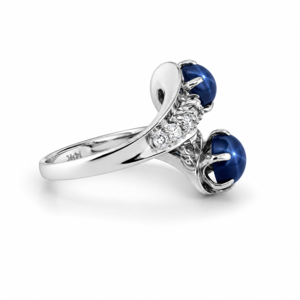 Estate 14K White Gold Blue Star Sapphire Diamond Bypass Ring Size 5 Elegant - Image 4