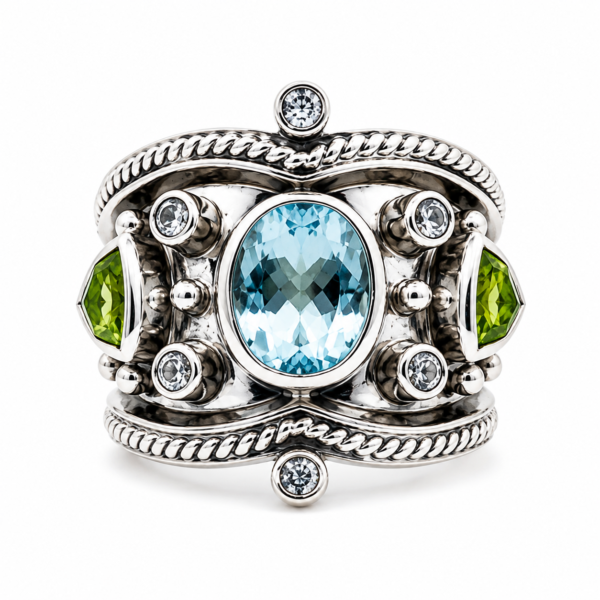 Estate Designer 925 Sterling Silver Blue Topaz Peridot Ring Size 7 Boho