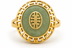 14K Yellow Gold Natural Green Jade Greek Key Ring Estate Size 7 Vintage