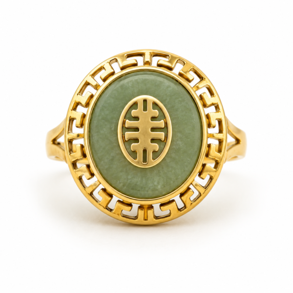 14K Yellow Gold Natural Green Jade Greek Key Ring Estate Size 7 Vintage