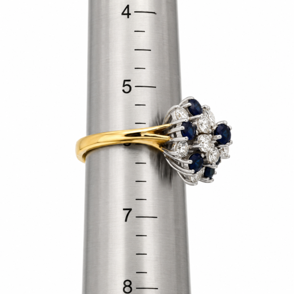 Estate 14K Gold Blue Sapphire Diamond Cluster Ring Designer Size 6 Vintage - Image 5
