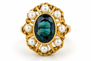 Vintage Estate 9.2k Gold Blue Sapphire Pearl Halo Ring Size 6.5 Art Deco