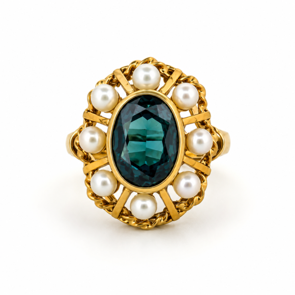 Vintage Estate 9.2k Gold Blue Sapphire Pearl Halo Ring Size 6.5 Art Deco