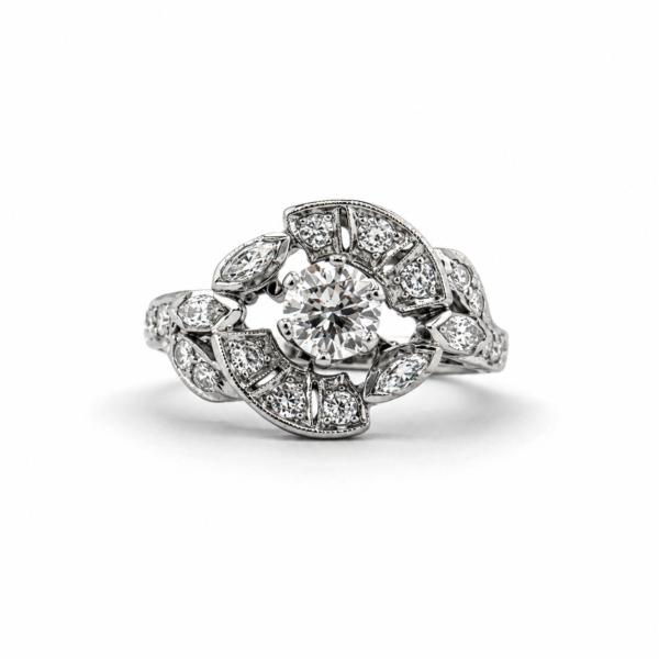 Vintage Platinum Diamond Halo Engagement Ring Art Deco Style Size 6.5