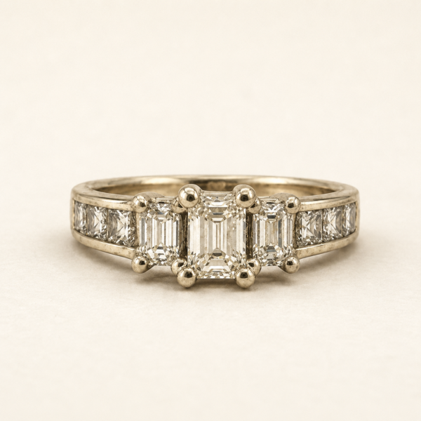 Vintage Estate 14K Gold 1.95CTW Diamond Ring Emerald Cut Size 7 Wedding