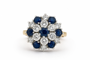 Estate 14K Gold Blue Sapphire Diamond Cluster Ring Designer Size 6 Vintage