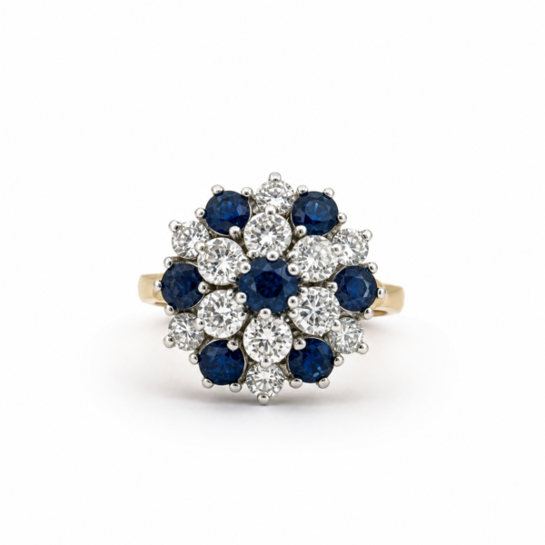 Estate 14K Gold Blue Sapphire Diamond Cluster Ring Designer Size 6 Vintage