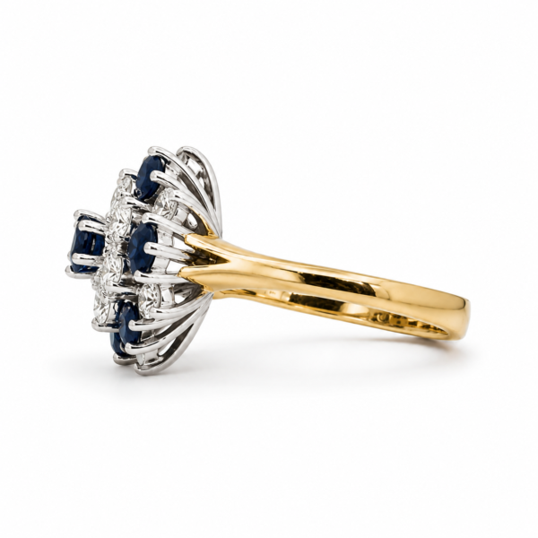Estate 14K Gold Blue Sapphire Diamond Cluster Ring Designer Size 6 Vintage - Image 2