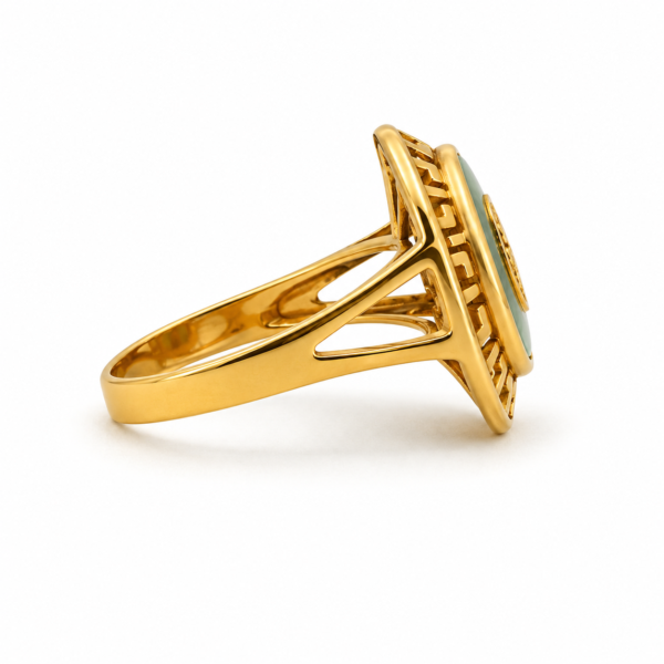 14K Yellow Gold Natural Green Jade Greek Key Ring Estate Size 7 Vintage - Image 4