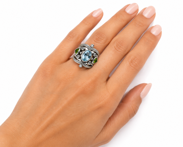 Estate Designer 925 Sterling Silver Blue Topaz Peridot Ring Size 7 Boho - Image 5