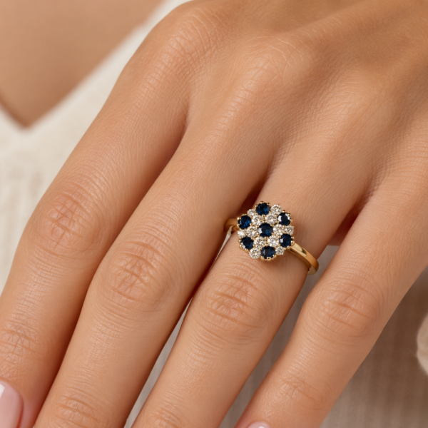 Estate 14K Gold Blue Sapphire Diamond Cluster Ring Designer Size 6 Vintage - Image 8