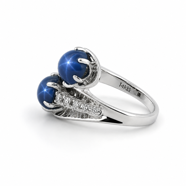 Estate 14K White Gold Blue Star Sapphire Diamond Bypass Ring Size 5 Elegant - Image 2