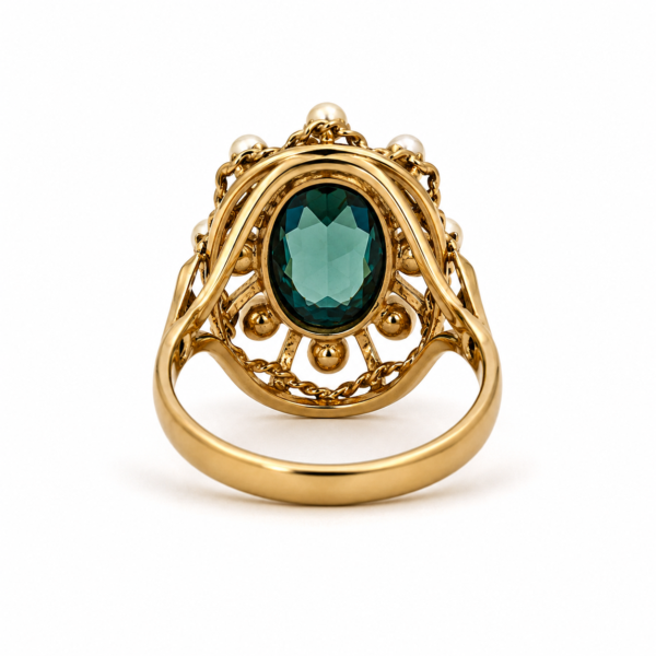 Vintage Estate 9.2k Gold Blue Sapphire Pearl Halo Ring Size 6.5 Art Deco - Image 3