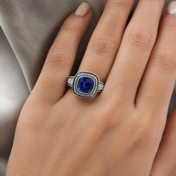 C Krypell 14K Gold 925 Silver Blue Sapphire Diamond Ring Estate Size 7 - Image 2