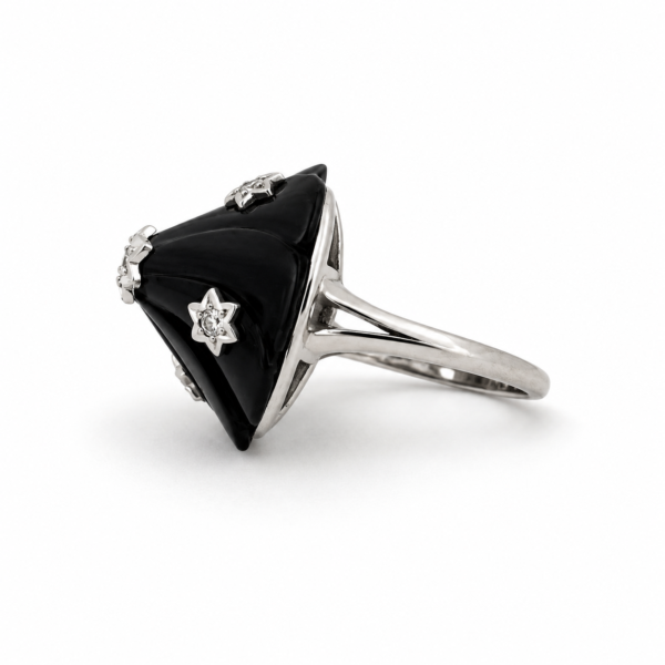 Vintage 14K White Gold Black Onyx Diamond Flower Ring Estate Size 4.75 - Image 5