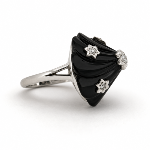 Vintage 14K White Gold Black Onyx Diamond Flower Ring Estate Size 4.75 - Image 3