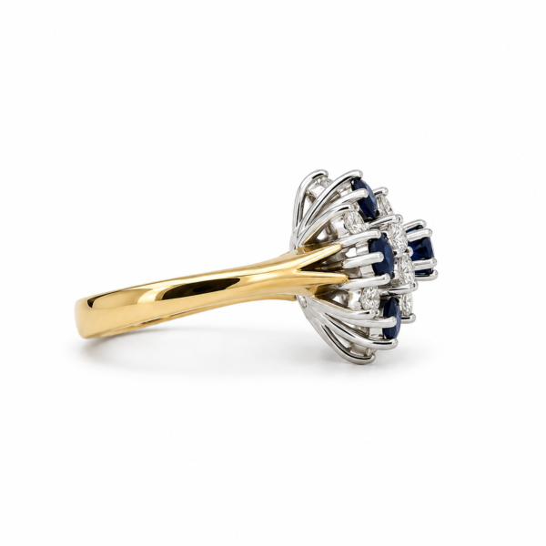 Estate 14K Gold Blue Sapphire Diamond Cluster Ring Designer Size 6 Vintage - Image 4
