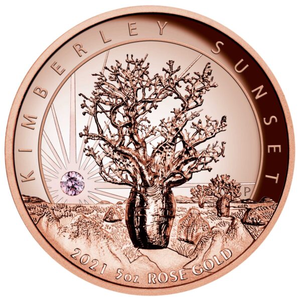 2021 Kimberley Sunset 5oz Rose Gold Proof High Relief Pink Diamond Coin
