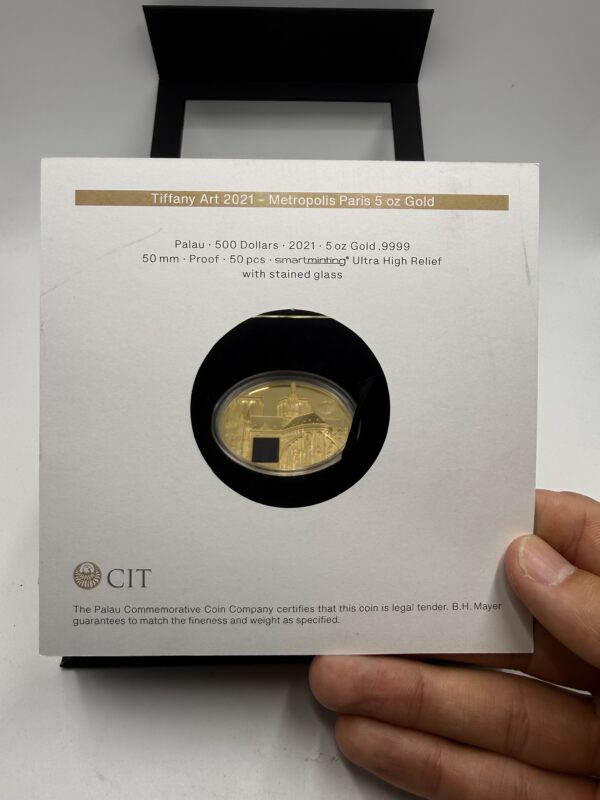 Tiffany Art 2021 - Metropolis Paris 5oz Gold - Palau $500 - with Stained Glass - Image 7