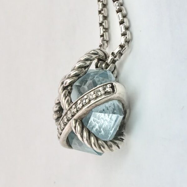 David Yurman Sterling Silver 925 Cable Wrap Pendant Necklace With Blue Topaz Stone - 6.3g - Image 3