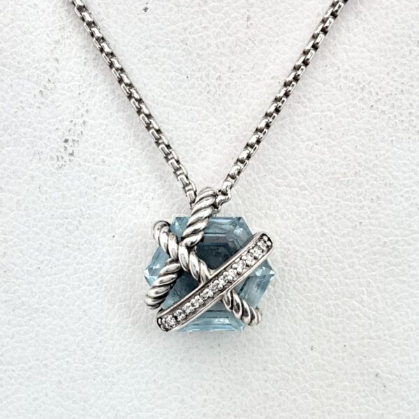 David Yurman Sterling Silver 925 Cable Wrap Pendant Necklace With Blue Topaz Stone - 6.3g