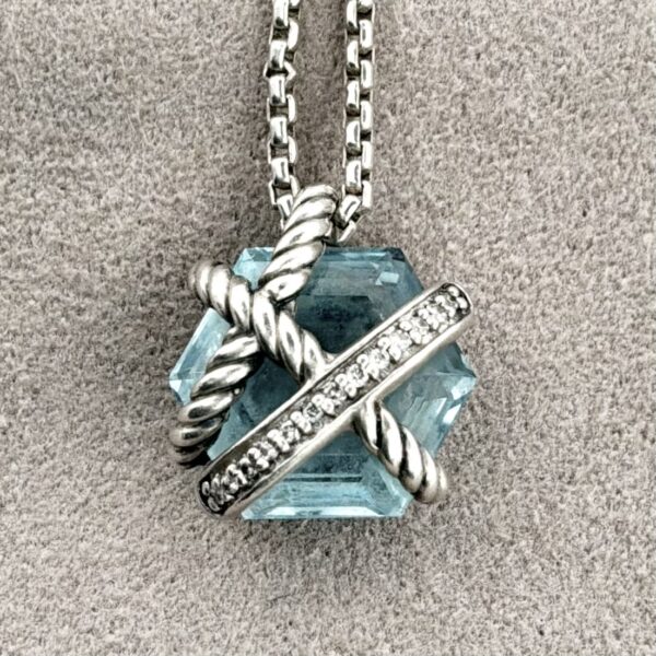 David Yurman Sterling Silver 925 Cable Wrap Pendant Necklace With Blue Topaz Stone - 6.3g - Image 7