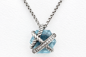 David Yurman Sterling Silver 925 Cable Wrap Pendant Necklace With Blue Topaz Stone - 6.3g