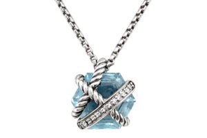 David Yurman Sterling Silver 925 Cable Wrap Pendant Necklace With Blue Topaz Stone - 6.3g