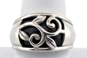 Vintage Sterling Silver 925 Ring W/ Beautiful Swirl Leaves & Black Stone Size 10 - 9.2g